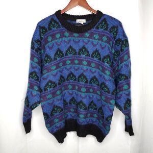 Vintage 80s Mohair Geometric Chunky Sweater XL Pullover Blue Purple Green Black